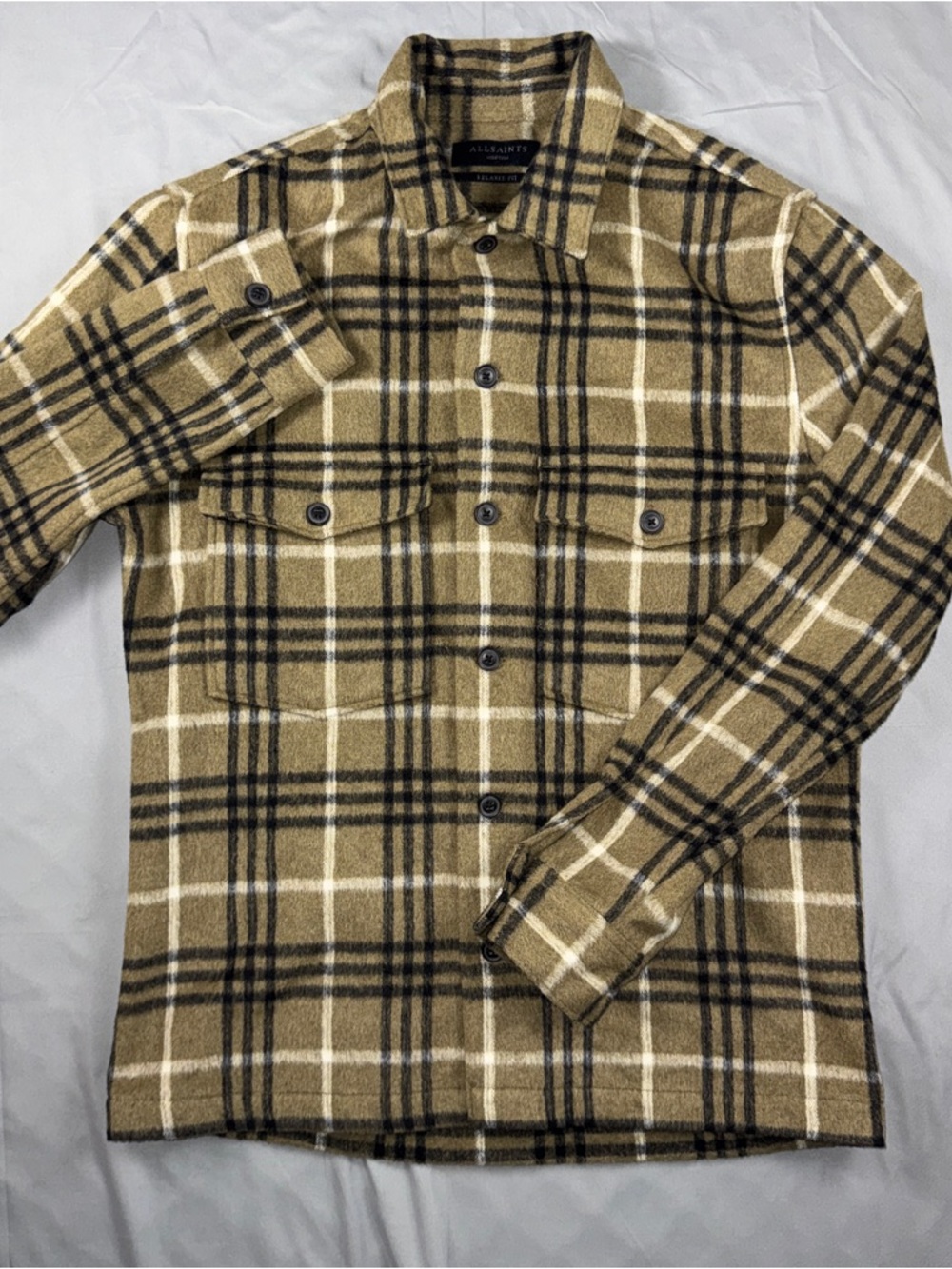 AllSaints Shirt Mens Medium Beige Plaid Flannel Button Front Relaxed Fit Casual